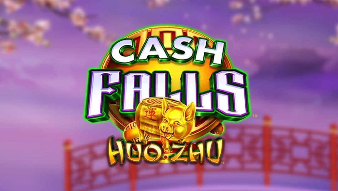 Cash Falls Huo Zhu online slot logo in green, purple, silver and gold. There is gold pig immersed in the logo. The background is blurred with purple skies, cherry blossom trees and a red bridge.