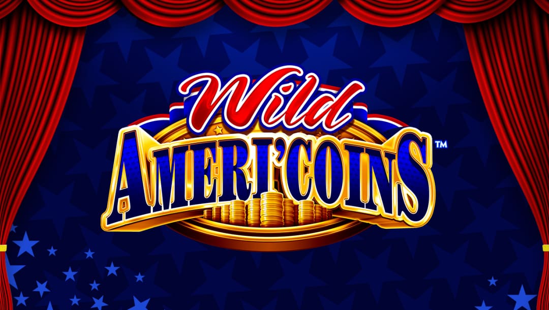 Wild Ameri’coins online slot logo in red, gold and blue. There are gold coins below the logo. The background shows a red curtain with blue stars as the backdrop.