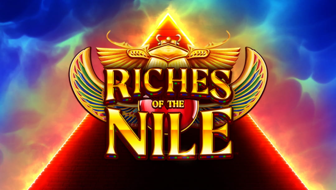 Riches of the Nile online slot game loading screen featuring the game logo, with a pyramid in the background.