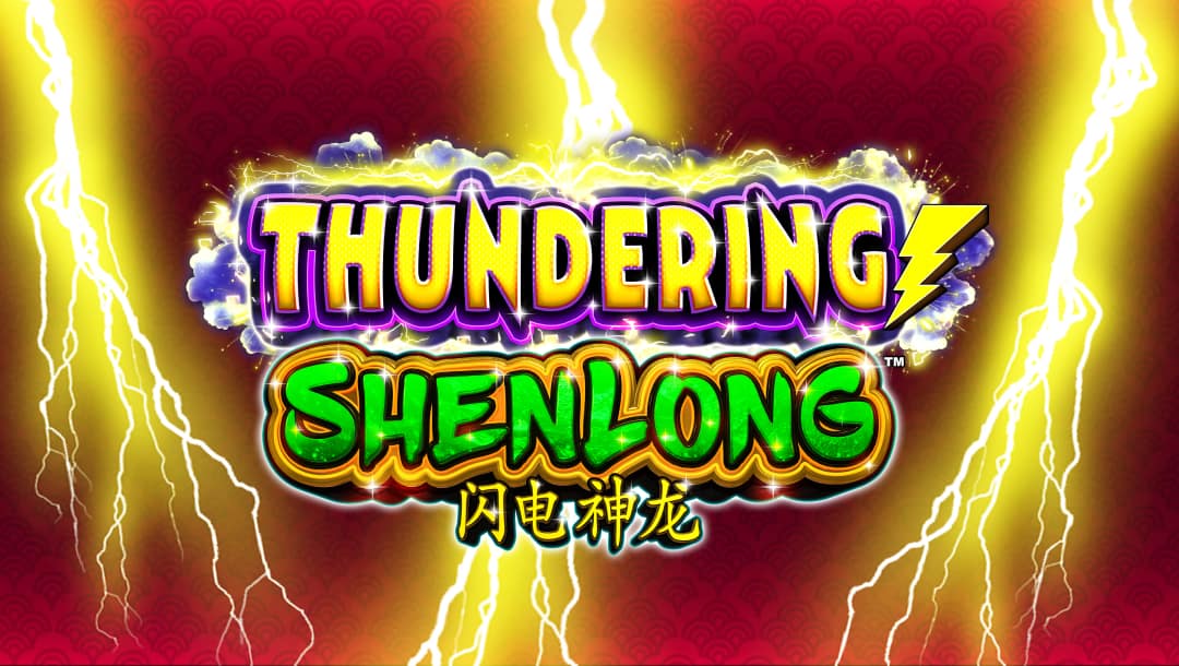 Thundering Shenlong online slot logo in yellow, purple, gold, and green. There are lightning bolts in the background with a red patterned surface.