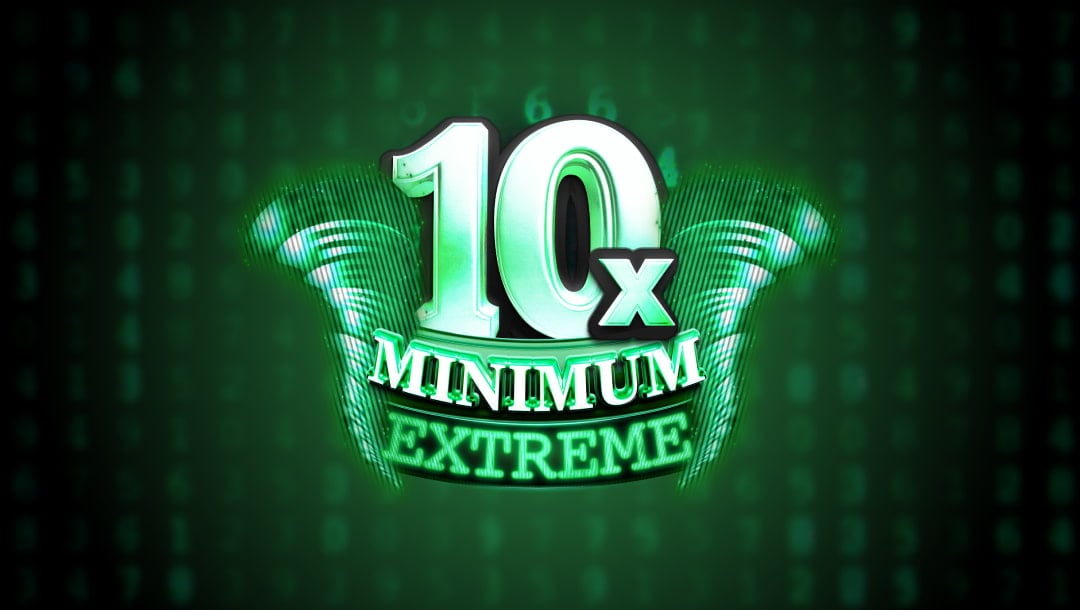 The title screen for the 10x Minimum Extreme slot featuring the game logo with two vortex symbols behind it and an encryption-themed background with rows of green numbers on a black background.