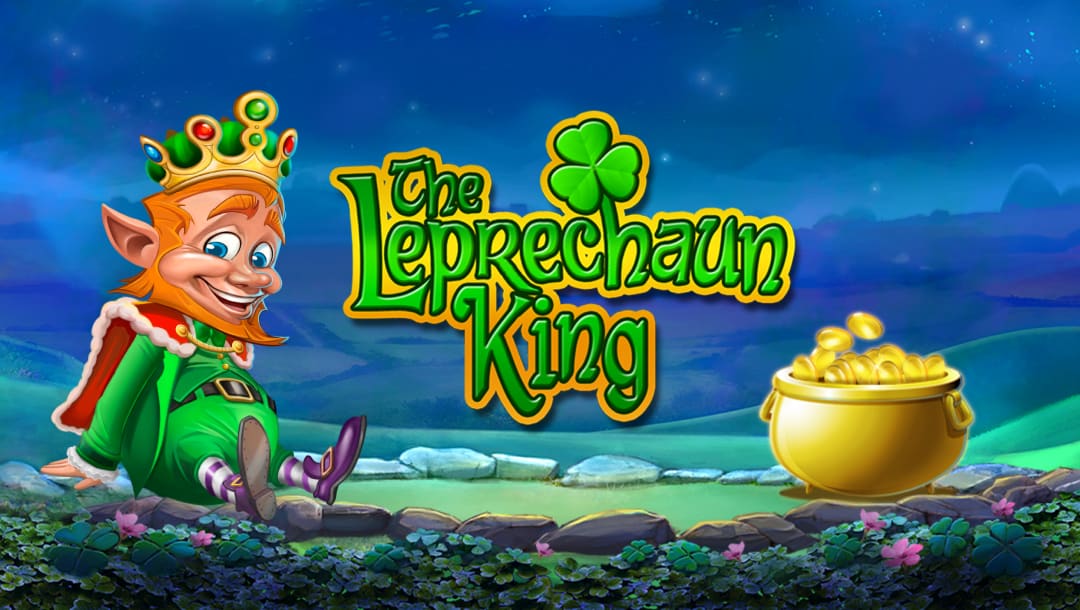 The title screen for The Leprechaun King, featuring the Leprechaun King sitting next to a small pond surrounded by flowers with a pot of gold next to it and a starry night in the background.