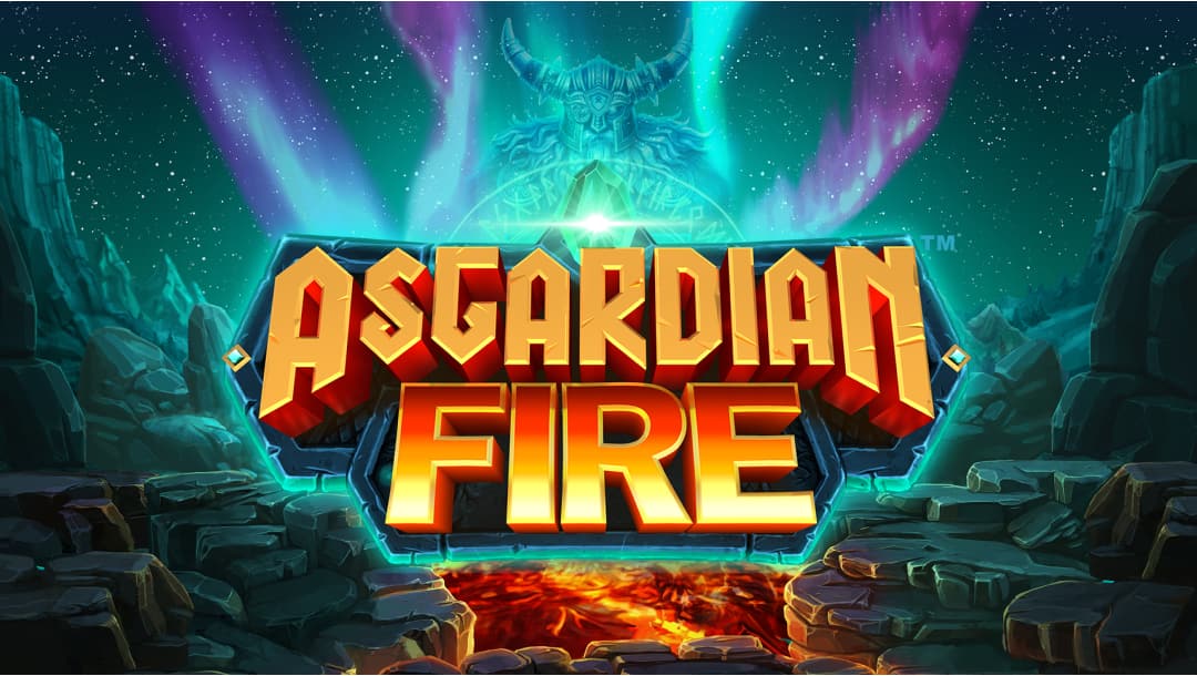 The title screen for the Asgardian Fire slot, featuring Odin looking over the game logo, which is between two rocky peaks on either side of a pit of lava.