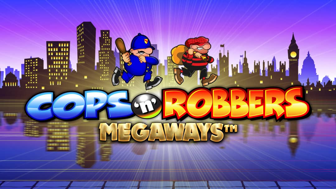 Cops ‘n’ Robbers Megaways online slot game logo in blue, orange, and gold. The background shows a cityscape silhouette with a blue and purple sky.