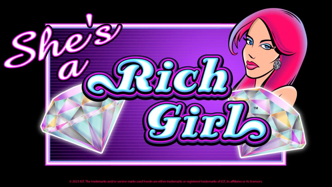 The She’s a Rich Girl online slot game loading screen features the game logo, diamonds, and a girl.