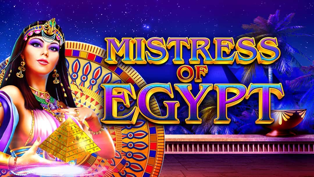 Mistress of Egypt online slot game logo in gold, red, and blue. The background has palm trees and a decorated gold wheel. An Egyptian woman stands next to the logo and holds a gold pyramid.