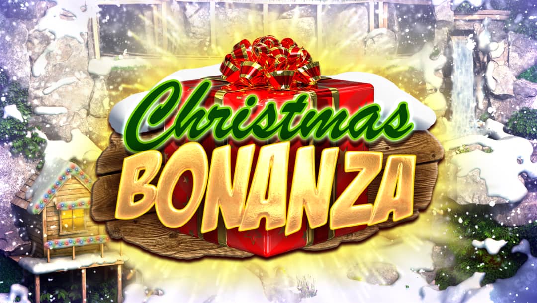 Christmas Bonanza online slot game logo in green and gold. There is a red gift box behind the font. The background shows a snowy mountain with a wooden house and green trees.