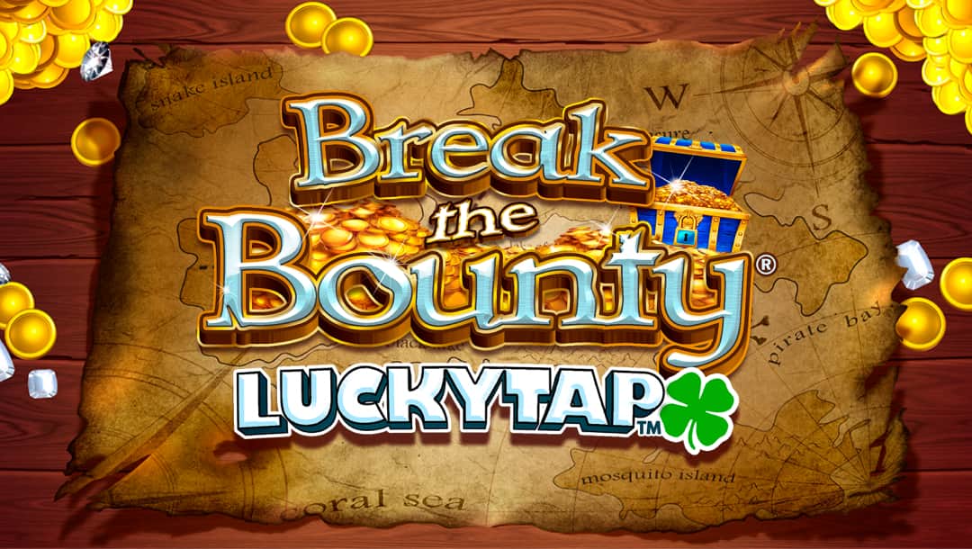 The Break the Bounty online slot game loading screen, featuring the game logo, and a map surrounded by gold coins and diamonds in the background.