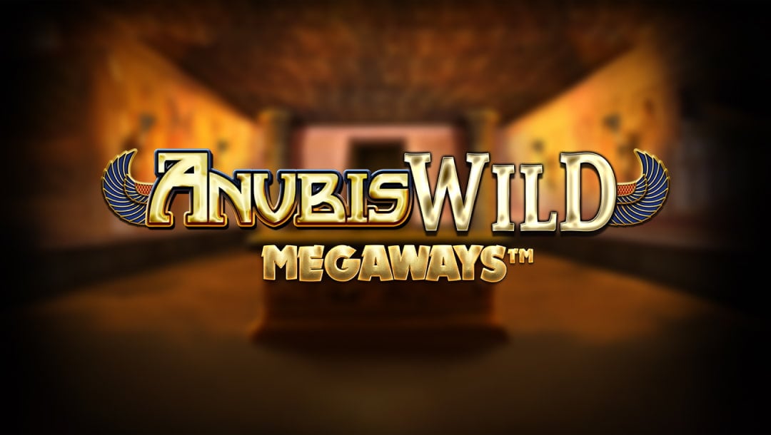 The Anubis Wild Megaways title screen. The background is a blurry image of an Egyptian tomb inside a room with hieroglyphics on the walls. The game’s title “Anubis Wild Megaways” is displayed in gold writing with Egyptian-style wings on either side of “Anubis Wild.”