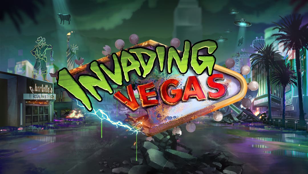 The title screen for Invading Vegas featuring the game logo with the Vegas Strip in disarray in the background. The street has been damaged from a spaceship’s crash landing, while flying saucers overhead beam up cows.