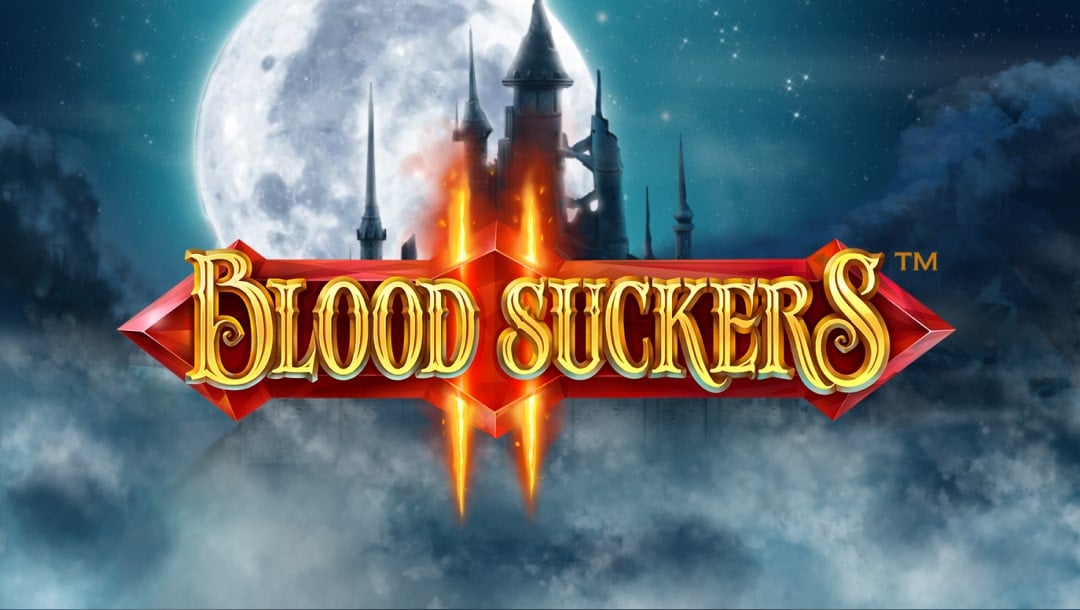 Blood Suckers 2 online slot game logo in gold and red. The background includes a spooky castle with a full moon behind the castle. There are stars in the night sky with fog covering the bottom of the screen.