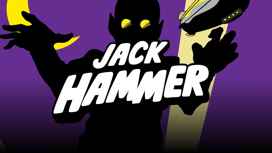 Jack Hammer online slot game logo in white. The background has a silhouette of a mad scientist. There are purple and yellow colors in the background.