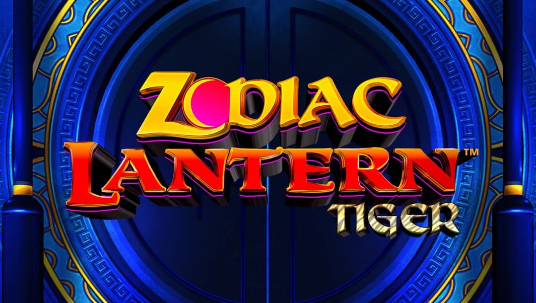 Zodiac Lantern Tiger online slot logo in yellow and orange. The background includes a round vault door. The door is blue and yellow.