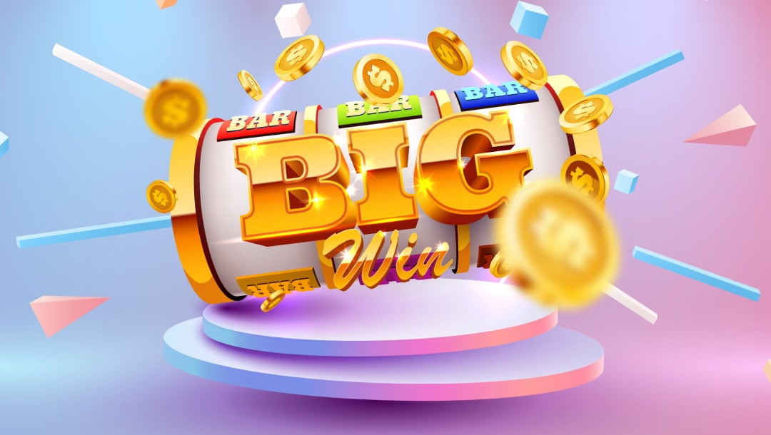 A slot reel with the words “big win” and some bar symbols and coins on a colorful background