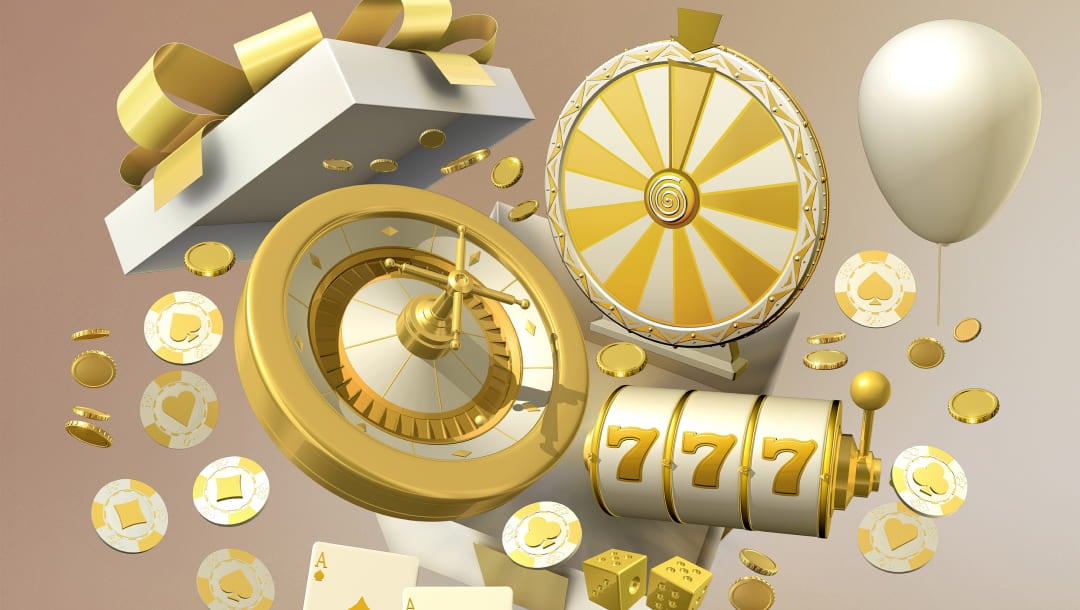 A vector image featuring a gift box with various white and gold casino elements exploding out of it, including roulette wheels, bonus wheels, slot reels, poker chips, dice, playing cards, gold coins, and a balloon.