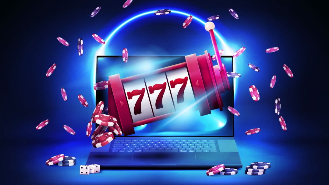 A laptop with a red number slot reel coming from the screen. There are casino chips and dice around the laptop. The background is blue and black.