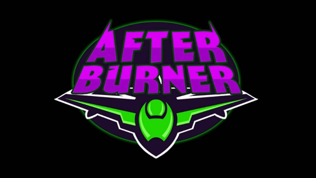 The After Burner game logo against a black background. The game title is in bold purple text with a green jet below it.