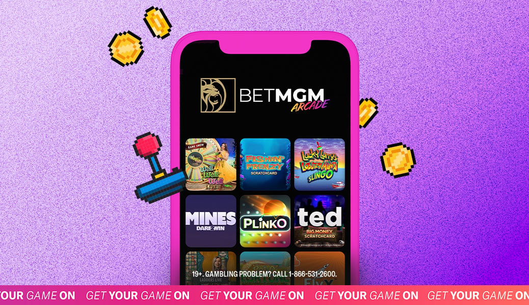 A smartphone displays the BetMGM Arcade app with various game icons. The screen is surrounded by pixelated coins and a joystick. The bottom shows a gambling helpline number and a "Get Your Game On" banner.