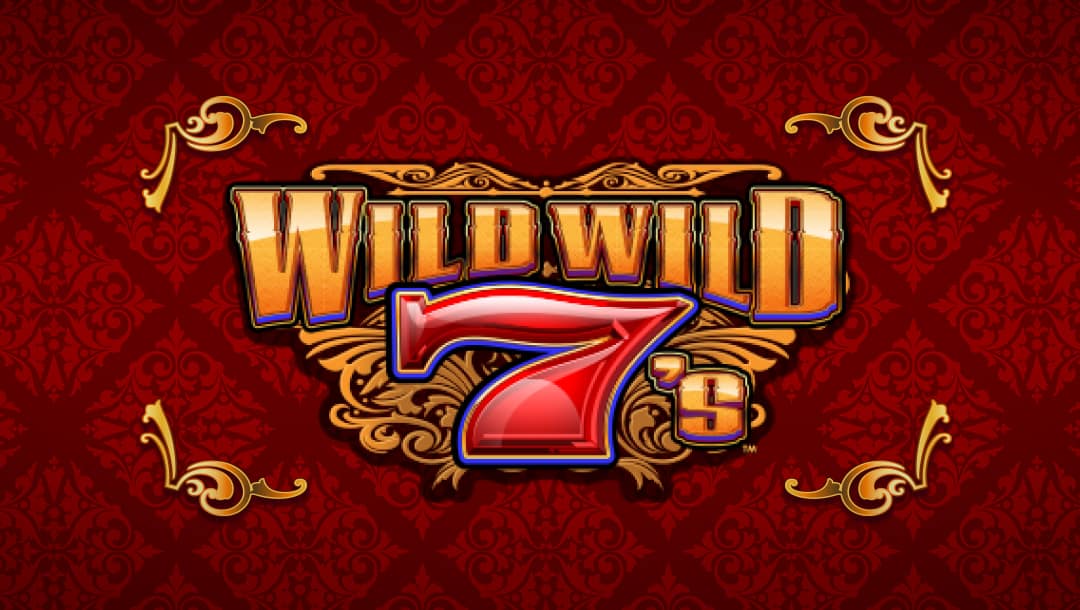 The Wild Wild 7’s title screen. The title is set against a red background with an intricate dark red design. The game title is written in a Wild West-style gold font with a red 7 in the center.