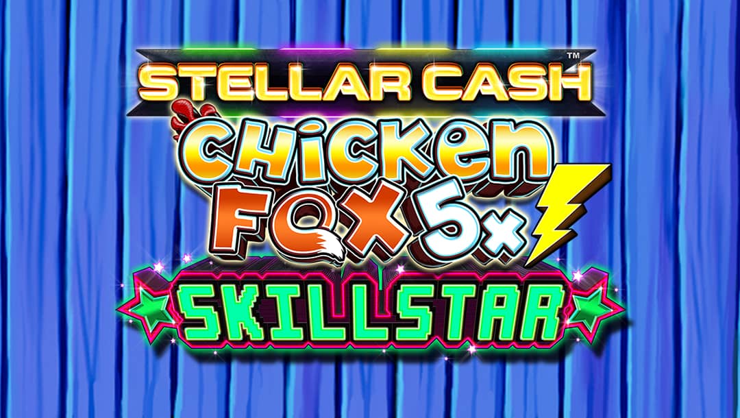 Stellar Cash Chicken Fox 5X Skillstar online slot logo in green, orange, pink and yellow. The background is blue.