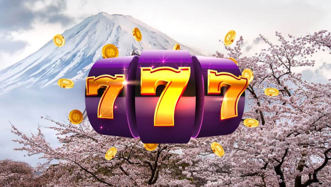 A purple and gold slot reel with gold coins against a Japanese mountainous landscape with cherry blossom trees and a snowcapped mountain.