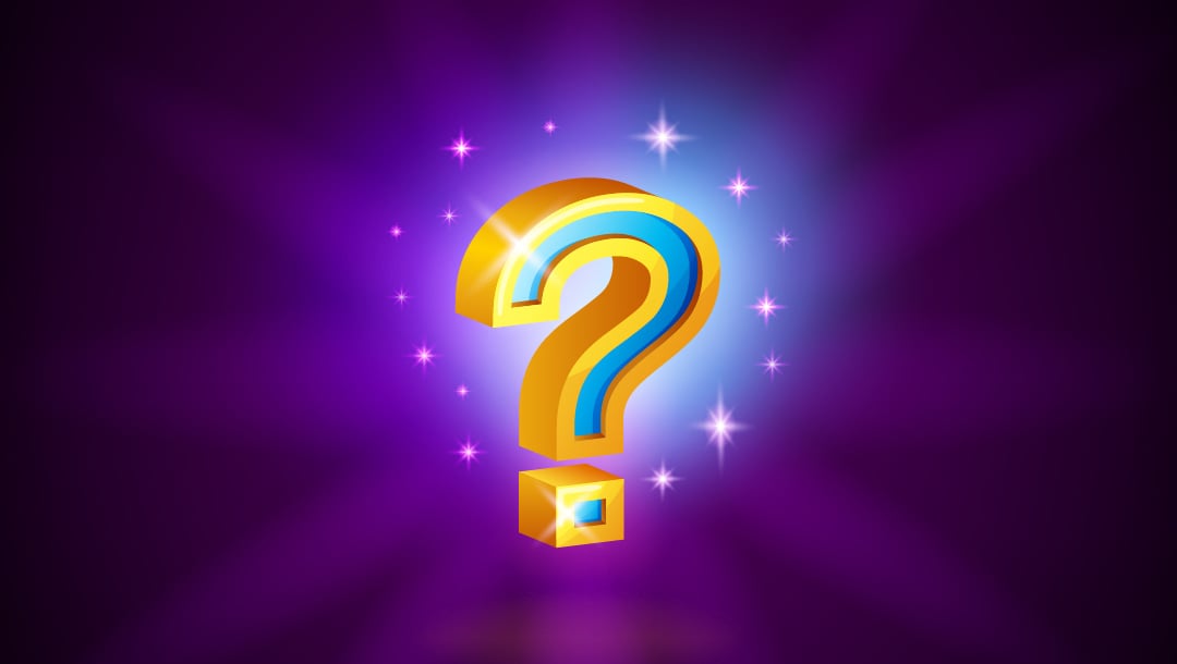 A gold and blue question mark with flickering stars. The background is purple with shades of blue.