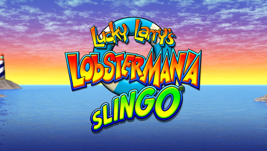 Lucky Larry’s Lobstermania Slingo online casino game. The logo font is various shades of green, yellow, orange, and blue. The background shows a cartoonish landscape of the ocean and the sky. The sky is shades of orange, yellow, blue and white.