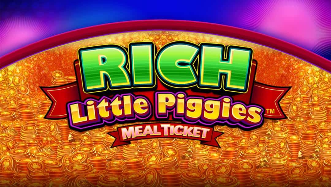 Rich Little Piggies Meal Ticket online slot logo in green, yellow, pink, and purple. There are gold coins surrounding the logo. The background is purple and blue.