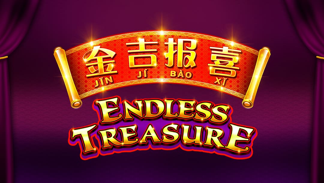 Jin Ji Bao Endless Treasure online slot logo in gold, purple, gold, and red. The background is purple with a purple curtain.