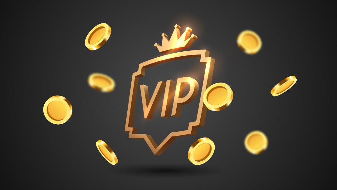 A gold VIP logo with a crown and gold coins floating around it against a black background.