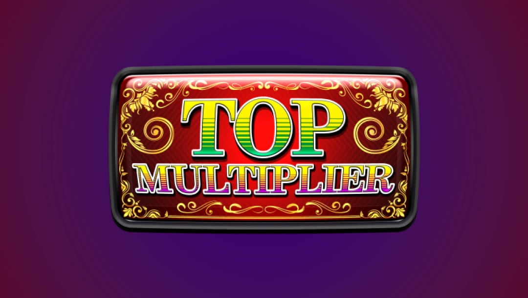 The logo of the Top Multiplier online slot is in green, gold, purple, and yellow. It is enclosed in a rectangular shape with a black frame. The frame has a yellow pattern on a red background.