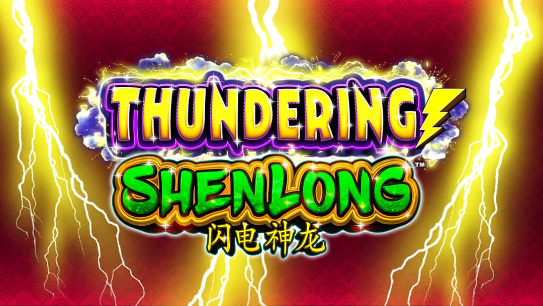 The Thundering Shenlong online slot game loading screen, featuring the game logo, and lightning on a red background.