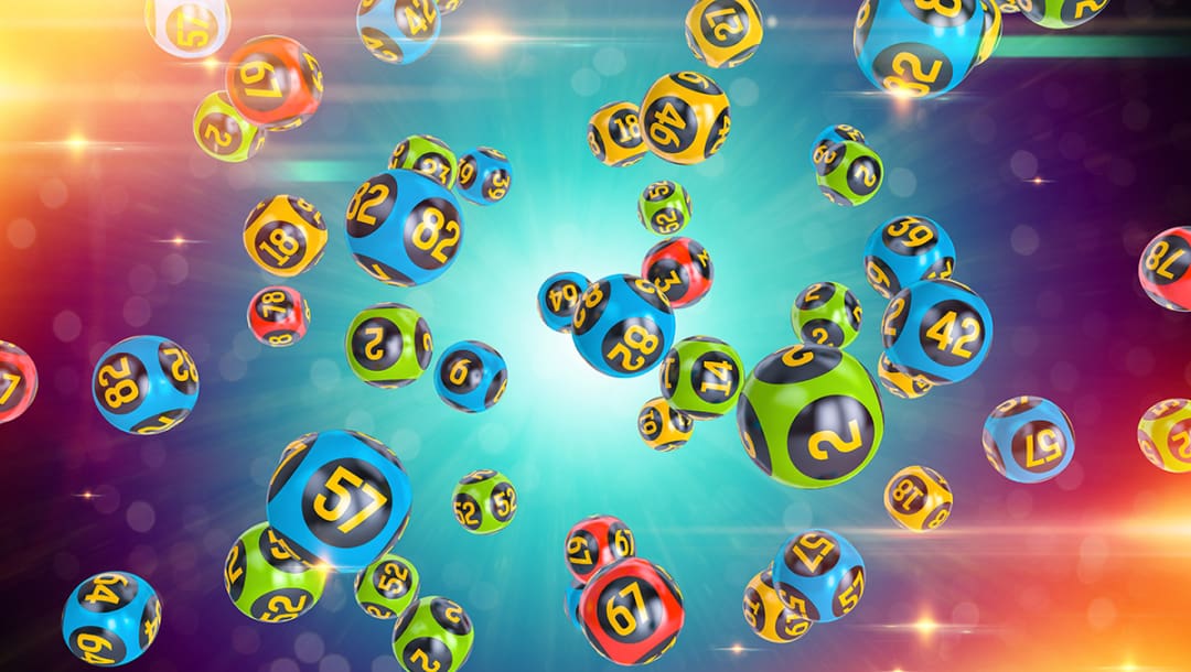 Vibrant keno balls falling randomly against a rainbow-colored background.