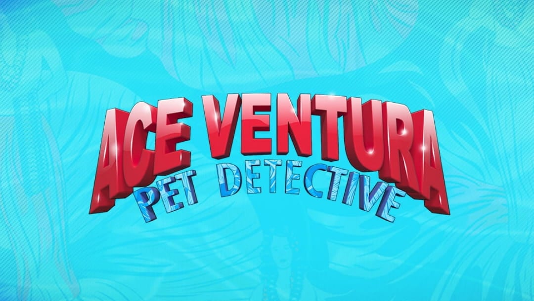 Ace Ventura Pet Detective online slot game logo in red and blue. The logo is against a light blue background.