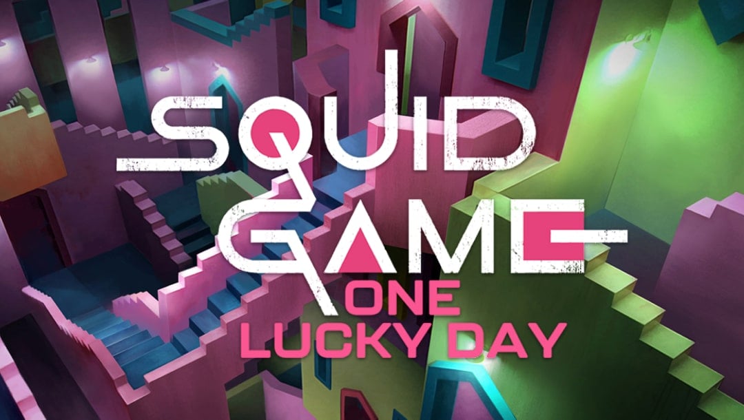 The Squid Game One Lucky Day title screen, featuring the game logo against a background of purple, green, and pink staircases crossing over each other in a tall room.