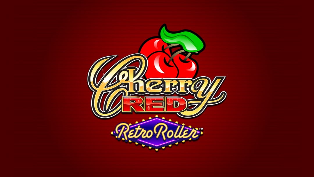 The title screen for the Cherry Red Retro Roller online slot features the game logo with three cherry symbols behind it. It has a dark red background with faint, horizontal lines running across it, and shadows around the borders.