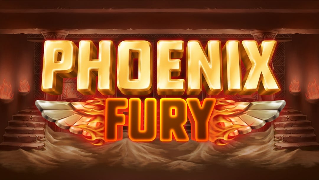 The title screen of the Phoenix Fury slot game, featuring the game title with stone wings and flames coming off of the word “Fury.” In the background, there is an ancient Egyptian temple filled with sand.