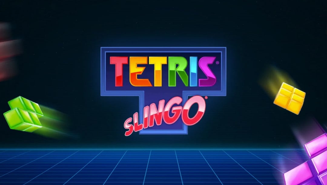 The Tetris Slingo title screen, featuring the game title written out in different colors on a dark background with a neon blue grid fading into the distance and Tetriminos floating around the screen.