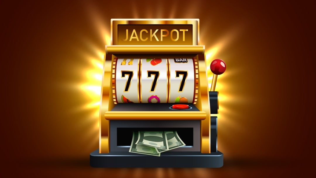 A gold jackpot slot machine displaying triple 7s, with cash pouring out from the machine.