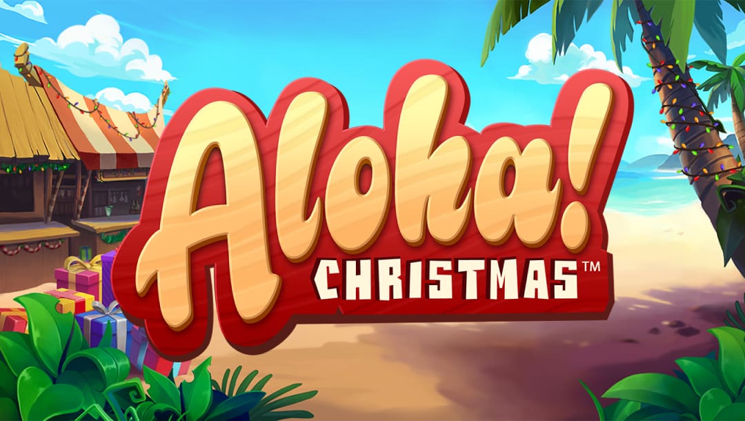 The Aloha! Christmas title screen. The game’s title is set against a picturesque beach with market stalls and palm trees decorated with Christmas lights. Wrapped presents are stacked on the beach behind the plants. The game’s title “Aloha! Christmas” is portrayed in a holiday-style font.