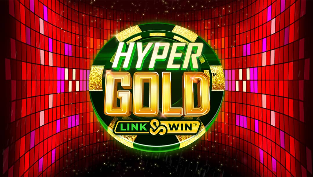 The Hyper Gold online slot game loading screen, featuring the game logo, with red, fuschia, and white glowing tiles in the background.