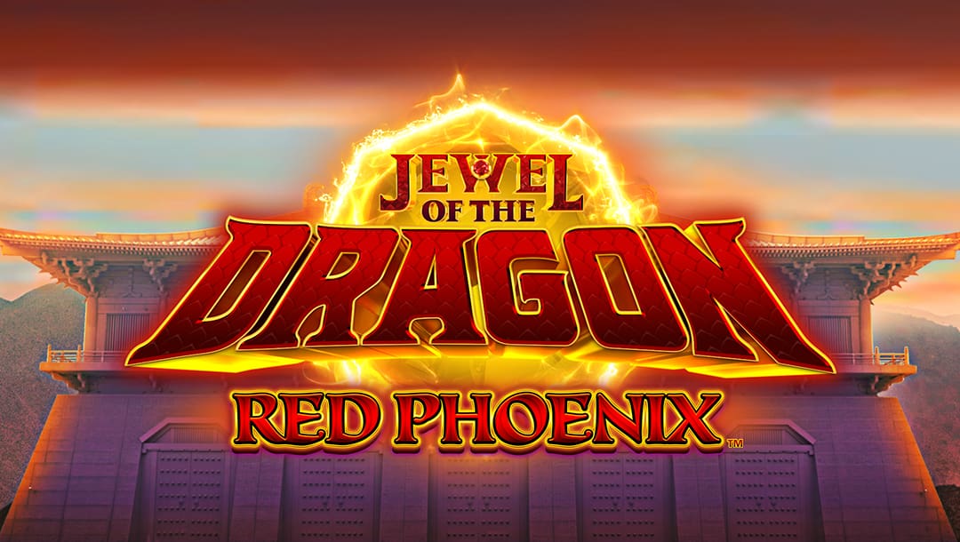 The title screen for Jewel of the Dragon Red Phoenix. There is a fiery ball behind the game title. In the background, there is an ancient temple lit up slightly by the light of sunrise.