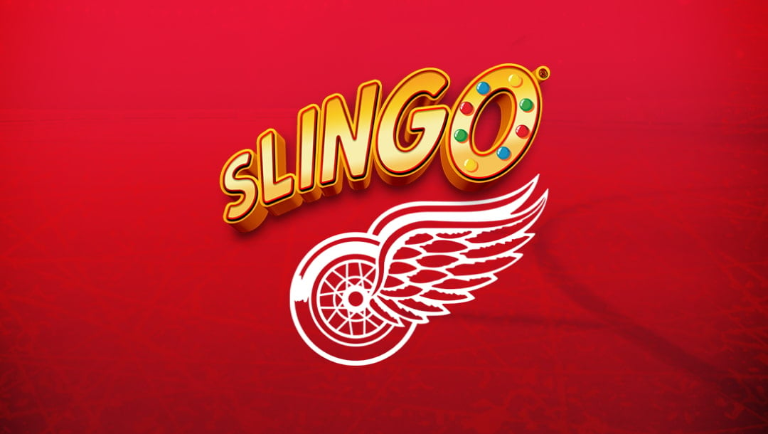 The title screen for Detroit Red Wings Slingo. The Slingo logo appears above the Detroit Red Wings logo on a simple red background.