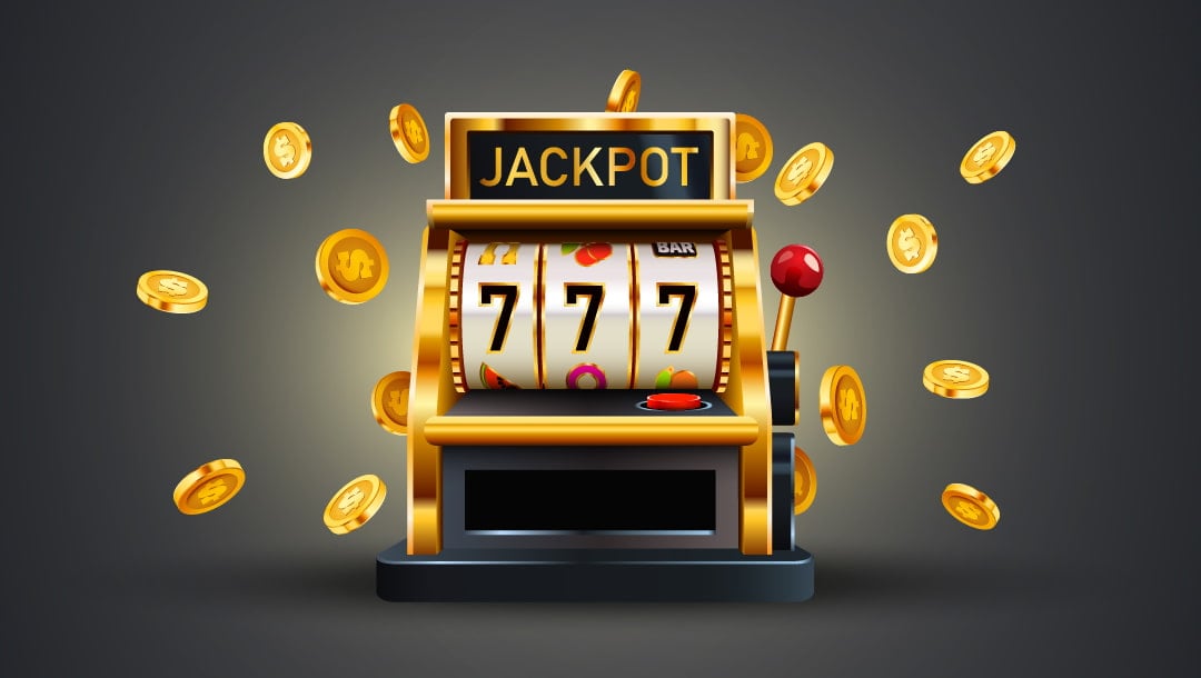 A vector image of a golden 3-reel slot machine with the word “jackpot” on top of it. Three 7 symbols are lined up on the reels. The slot is surrounded by floating gold coins on a simple grey background.