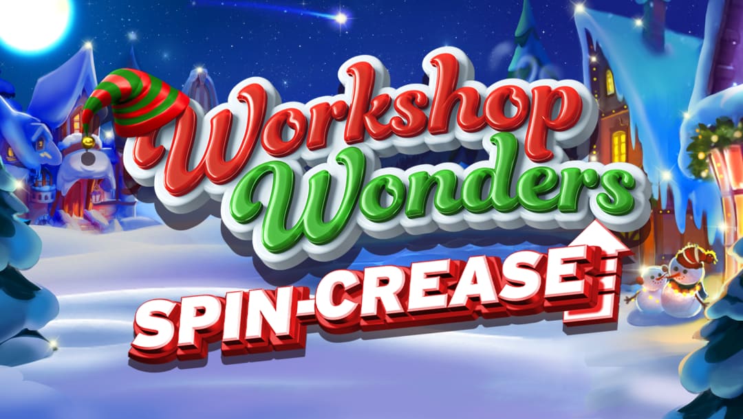 The title screen of Workshop Wonders featuring the game logo on a charming, snow-covered depiction of Santa’s Village. There are snowmen outside the houses, lit by warm lights under a sky filled with stars and illuminated by a full moon.