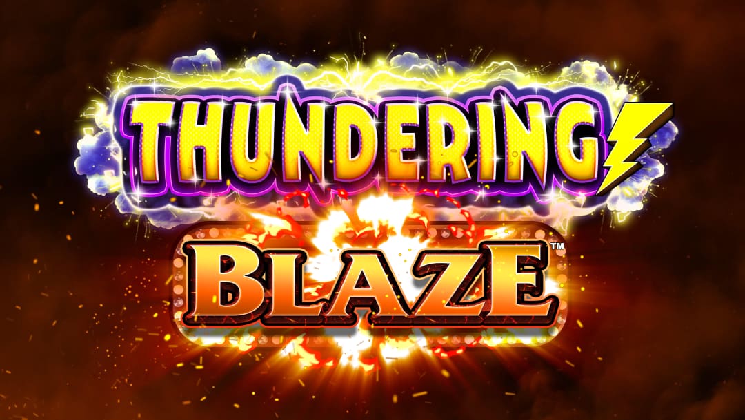 The Thundering Blaze title screen. The backdrop is a dark color, with flickering lights and embers from the explosion in the foreground. The title “Thundering Blaze” is in the foreground and features electric clouds behind the word “Thundering” and an explosion behind the word “Blaze”.