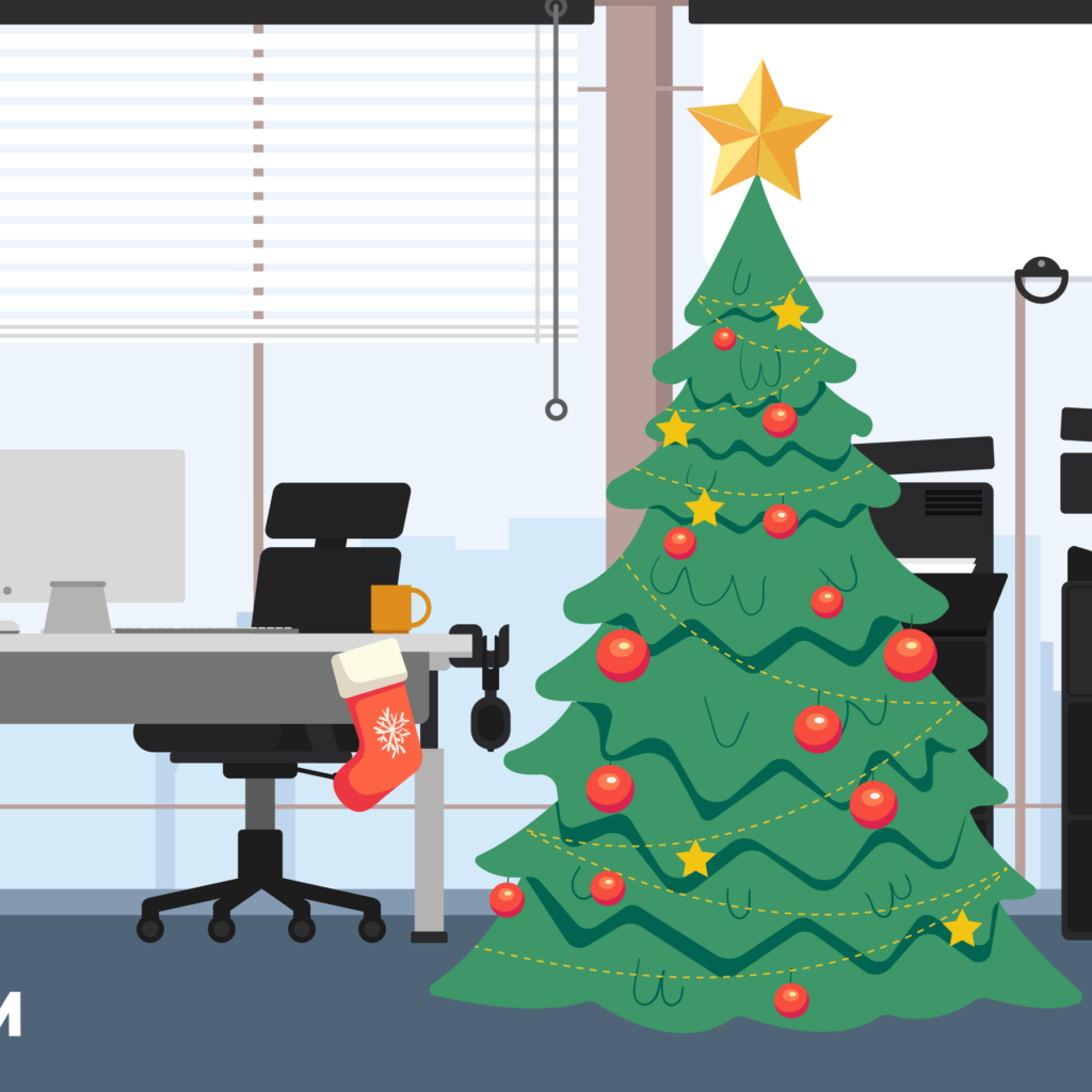 An office space decorated with holiday decorations