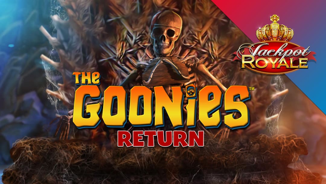 The Goonies Return Jackpot Royale online slot game loading screen featuring the game logo and a skeleton in the background.