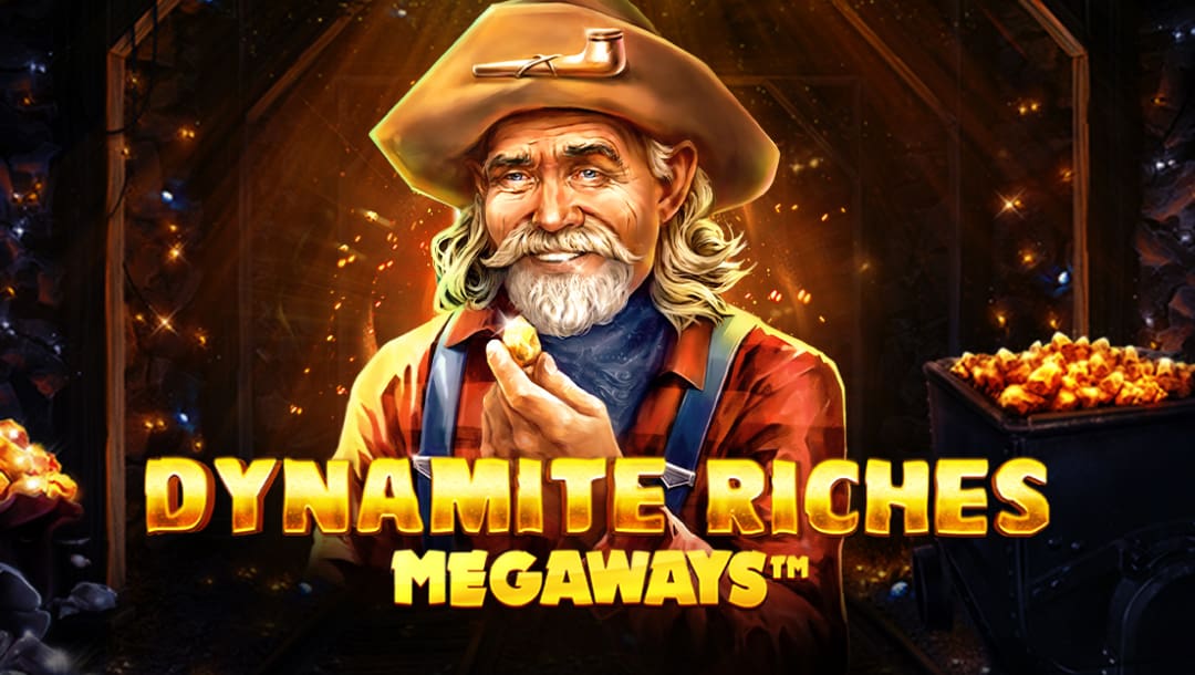 The Dynamite Riches Megaways title screen. The background is a mine shaft which has walls lined with gems and gold. In the foreground is an old man wearing mining clothes holding a large gold nugget. In front of him is the title “Dynamite Riches Megaways” in a bold, gold font.