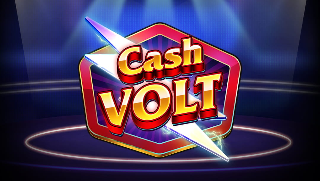 The title screen for the Cash Volt slot game featuring bold red and yellow text with lightning bolt accents on a dark stage background with spotlight effects.